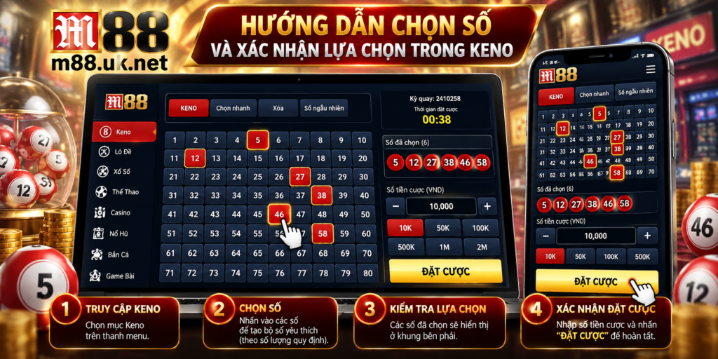 Hướng dẫn chọn số và xác nhận lựa chọn trong Keno