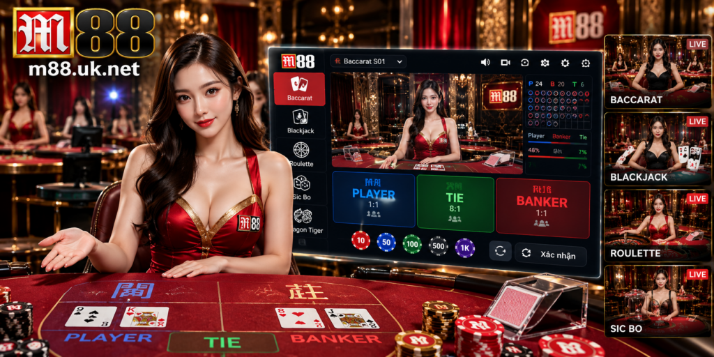 Giao diện Live Casino và dealer trực tiếp tại M88