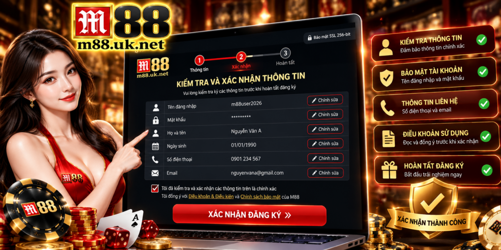 Giao diện kiểm tra và xác nhận thông tin tài khoản M88