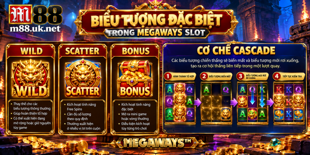 Các biểu tượng Wild, Scatter và cơ chế Cascade trong Megaways Slot