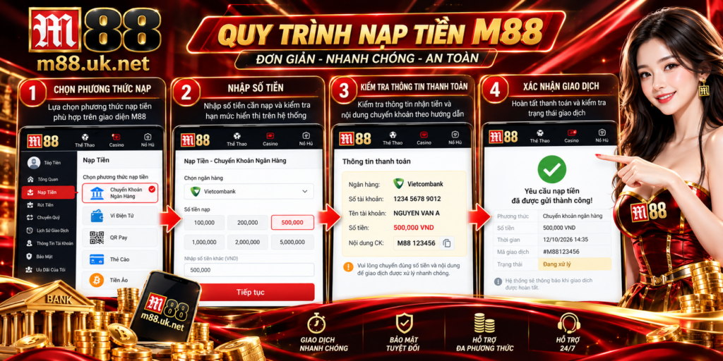 Quy trình nhập số tiền và xác nhận Nạp Tiền M88