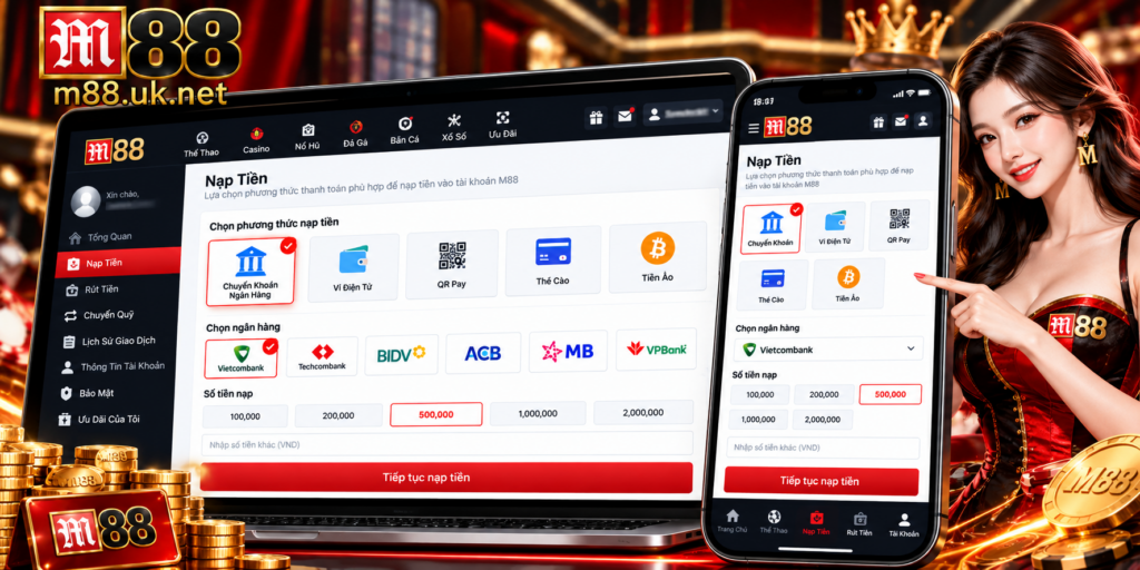 Giao diện Nạp Tiền M88 trên điện thoại và máy tính