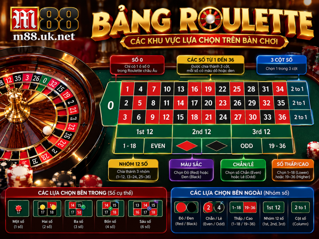Bảng Roulette và chú thích các khu vực lựa chọn trên bàn chơi