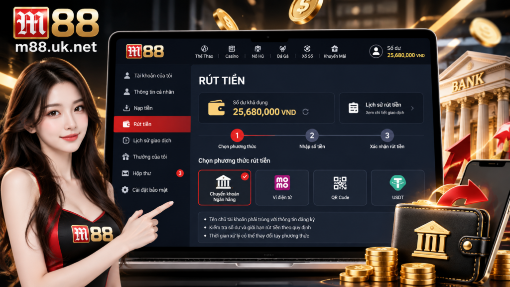 Giao diện tổng quan khu vực Rút Tiền M88