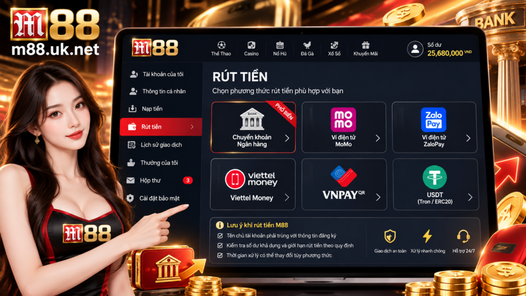 Các phương thức Rút Tiền M88 trên giao diện giao dịch