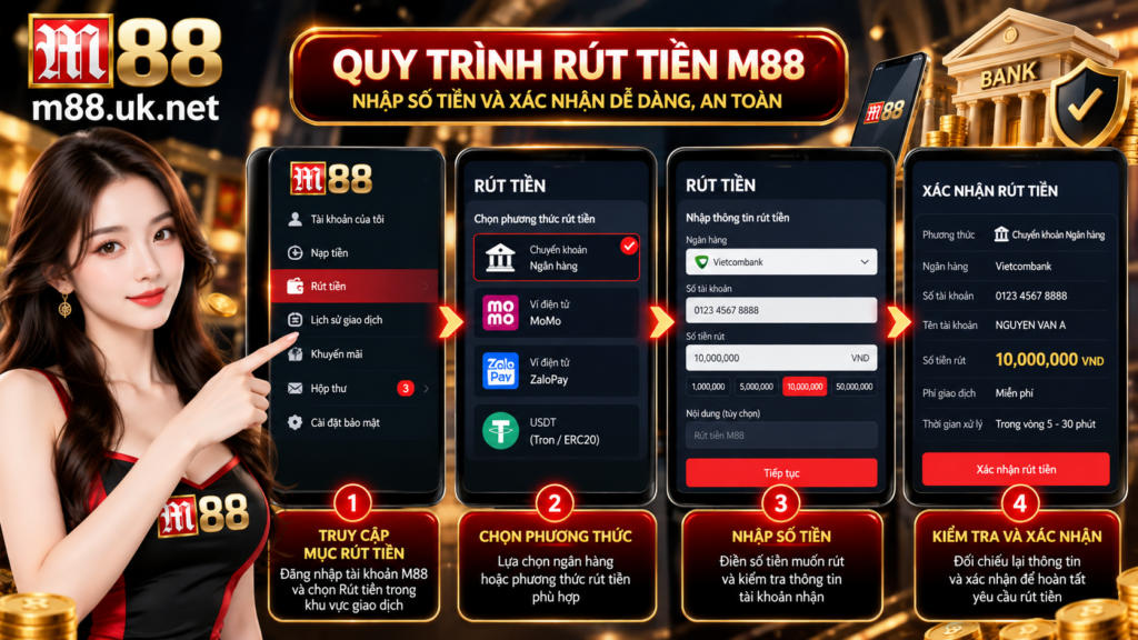 Quy trình nhập số tiền và xác nhận Rút Tiền M88