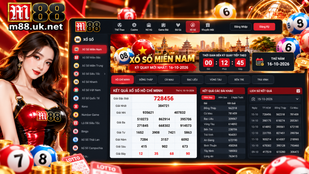 Giao diện kỳ quay và bảng kết quả Xổ Số M88